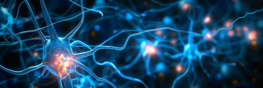 Abstract background depicting a network of neurons with glowing centers and extending dendrites in a blue tone