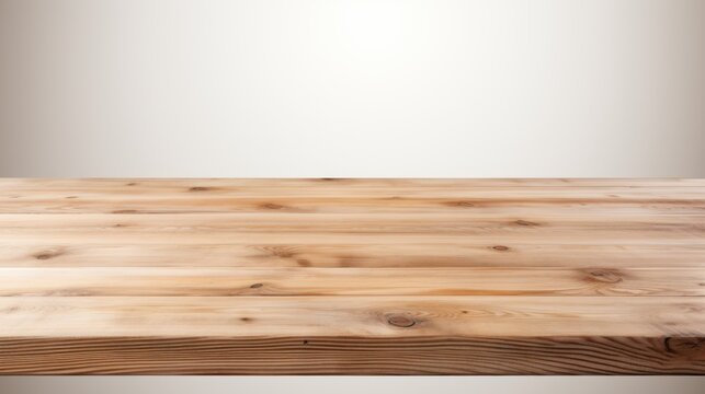 Wooden table surface against a gently blurred wooden wall background. Perfect for presenting products.