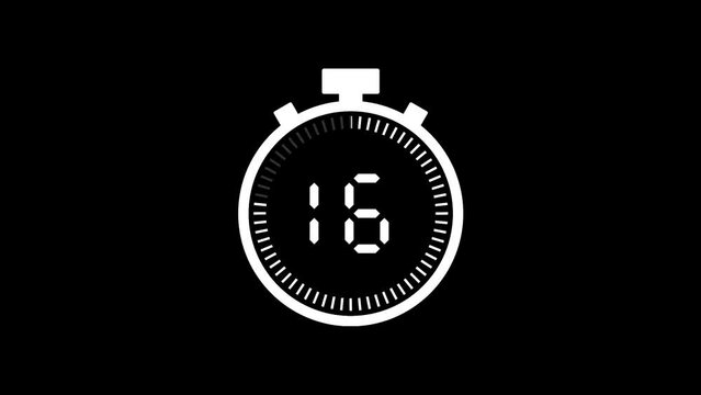 20 second countdown timer animation from 20 to 0 seconds. Modern white stopwatch countdown timer on black background
