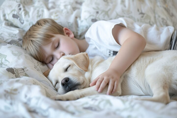 Cute little boy sleeping with labrador retriever puppy on bed.