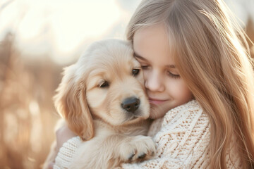 Beautiful little girl with golden retriever puppy.