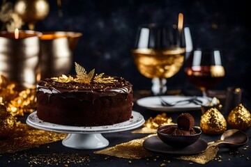 Fototapeta premium A delicious chocolate truffle cake garnished with edible gold leaf