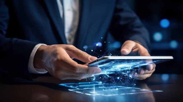 Businessman using digital tablet with blue glowing hologram on dark background
