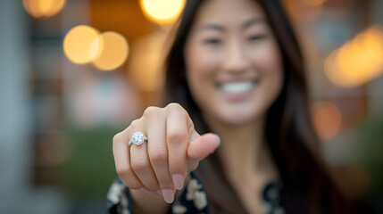 close-up photography capturing a joyful moment of a woman showcasing her engagement ring. The focus is sharply on the dazzling diamond ring perched on her finger