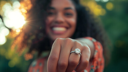 close-up photography capturing a joyful moment of a woman showcasing her engagement ring. The focus is sharply on the dazzling diamond ring perched on her finger - obrazy, fototapety, plakaty
