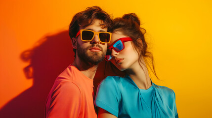 Fashion male female model wearing sunglasses stadning against each other,