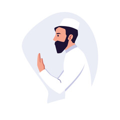 Religious Muslim man holding hands in Islamic pray, vector illustration isolated.