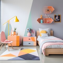  kids' room with a playful mid-century modern vibe. Picture retro-inspired furniture, geometric patterns, and vibrant colors