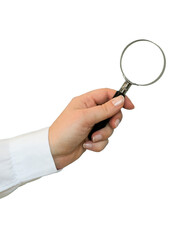 A hand in a white shirt holds a magnifying glass on transparent background