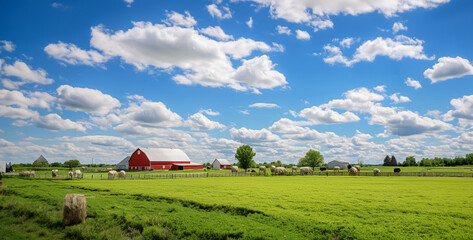 hay bales in a field, landscape with sky, house on the hill, house in the field, landscape with house, The sun is shining bright and the sky is blue with