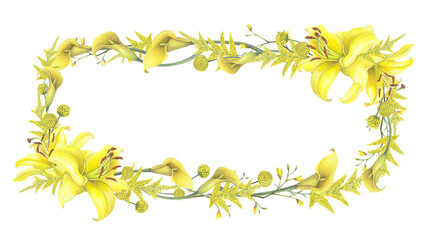 Lilies Yellow flower, calla lilies, craspedia, Solidago Frame border isolated on white background. Watercolor hand drawn botanic illustration. Art design wedding invitation, greeting card, decoration
