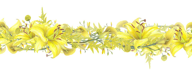 Lilies Yellow flower, calla lilies, craspedia seamless border isolated on white background. Watercolor hand drawn botanic illustration. Art design wedding invitation, greeting card, decoration graphic