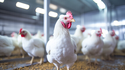 Chicken farm rural agriculture and poultry production. Modern fresh and light stable. - obrazy, fototapety, plakaty