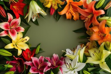 Frame made of lilies on a green background, with space for text concept Mother Day, Women Day, Valentine day