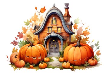 Halloween house with pumpkins and autumn leaves. Watercolor illustration - obrazy, fototapety, plakaty