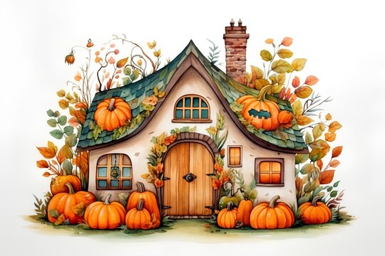 Hand drawn watercolor illustration of a house with pumpkins on white background