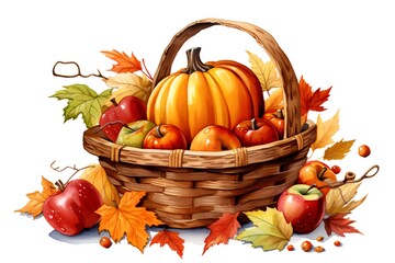 Autumn basket with pumpkins, apples, berries and leaves.