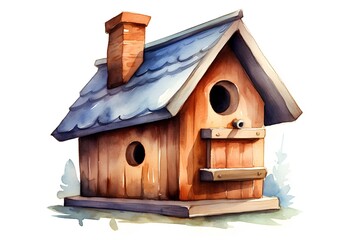 Obraz na płótnie Canvas Watercolor wooden birdhouse. Hand drawn illustration isolated on white background