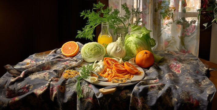 vegetables in a bowl, soccer ball on splashes background with, soccer ball on splashes background, Side dish of Fennel and Oranges picture