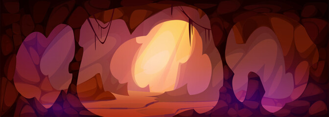 Prehistoric cave with stone walls. Game mysterious mine dungeon or neanderthal tribe dwelling inside. Cartoon vector illustration of brown underground rock cavern inner with stalactites and light rays - obrazy, fototapety, plakaty