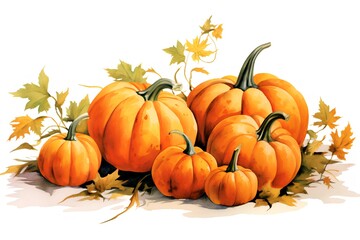 Obraz premium Autumn pumpkins. Hand drawn watercolor illustration on white background