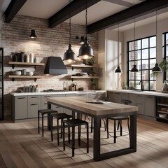 an industrial kitchen with a moody noir ambiance. Picture black subway tiles covering the walls, creating an urban and textured backdrop