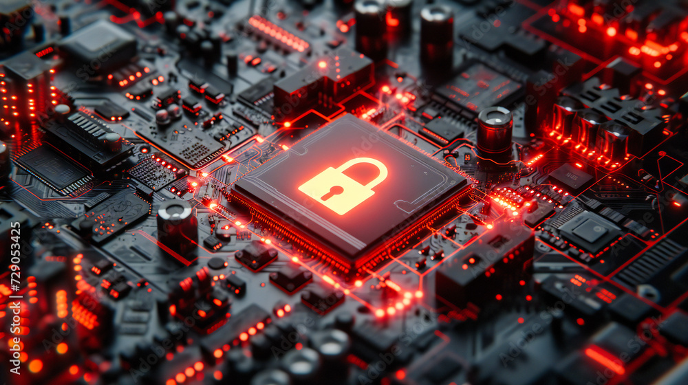 Poster cyber security in digital networking, protective padlock on circuit board, safe data technology conc
