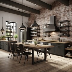 an industrial kitchen with a moody noir ambiance. Picture black subway tiles covering the walls, creating an urban and textured backdrop