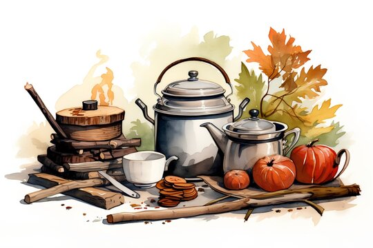 Watercolor illustration of autumn still life with teapot, coffee cup, pumpkins, autumn leaves, firewood and branches