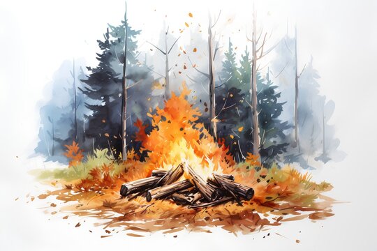 Bonfire in the forest. Watercolor illustration. Vector illustration.