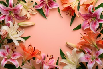 Fototapeta premium Frame made of lilies on a orange background, with space for text concept Mother Day, Women Day, Valentine day