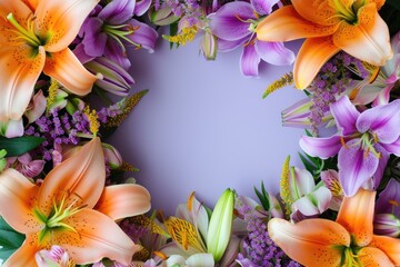 Frame made of lilies on a purple background, with space for text concept Mother Day, Women Day, Valentine day