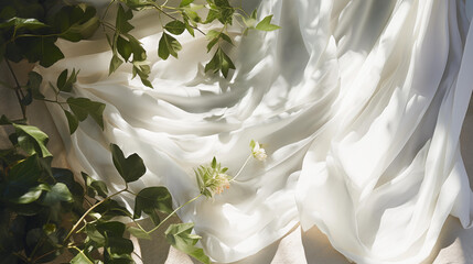 白いシルクの布と植物と植物の影
