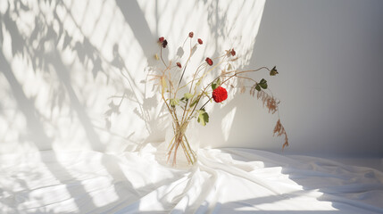 白いシルクの布と植物と植物の影