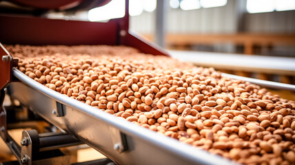 Raw ripe fresh brown pine nuts without shell on conveyor. Modern industrial organic food factory.
