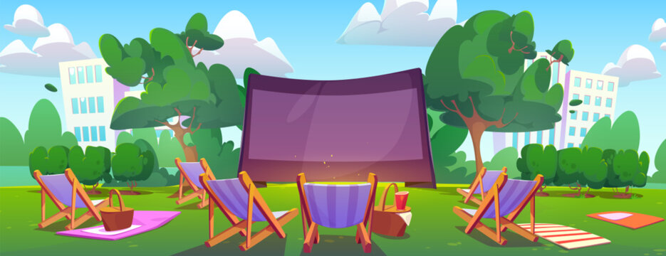 Open air cinema in summer city park. Vector cartoon illustration of outdoor relax area in public garden with movie screen, chaise lounges, picnic baskets on lawn, modern cityscape with skyscrapers