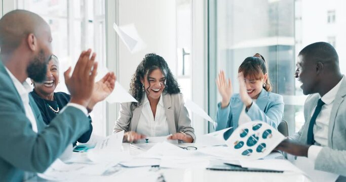 Business people, paper in the air or celebration with achievement or cooperation in a workplace. Group, manager or employee with documents or investment with trading or winning with teamwork or smile