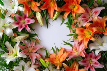Frame made of lilies on a white background, with space for text concept Mother Day, Women Day, Valentine day