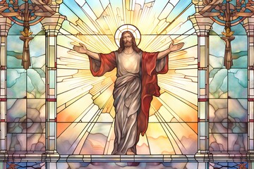 Illustration in stained glass window style with Jesus Christ on the cross - obrazy, fototapety, plakaty