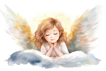 Beautiful little girl with angel wings. Watercolor illustration on white background.