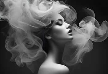 AI generated illustration of a woman engulfed in billowing smoke emanating from her hair