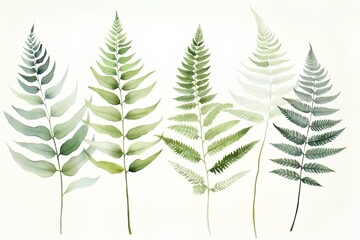 Watercolor set of fern leaves isolated on white background. Hand drawn illustration.