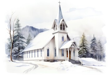 Fototapeta na wymiar Watercolor illustration of a christian church in the mountains. Winter landscape.