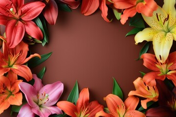 Frame made of lilies on a brown background, with space for text concept Mother Day, Women Day, Valentine day