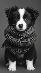 A black and white Border Collie puppy sits charmingly on a gray studio background, adorned with a warm knitted scarf. 