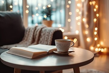 Christmas scene with cup of coffee and open book on table complemented by snug blanket on chair near window with festive lights intimate home setting captures essence of relaxing winter evening