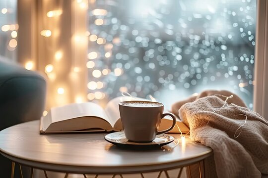 Christmas scene with cup of coffee and open book on table complemented by snug blanket on chair near window with festive lights intimate home setting captures essence of relaxing winter evening