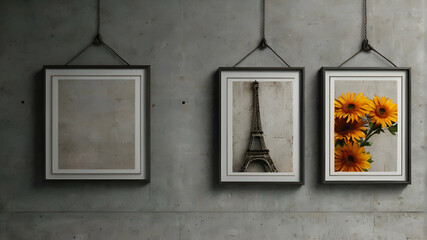 Three frames hanging on a rough concrete wall mockup