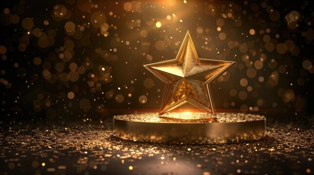 Golden star shape podium with light effect background