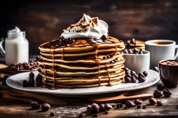 A stack of fluffy chocolate chip pancakes with a generous dollop of whipped cream 